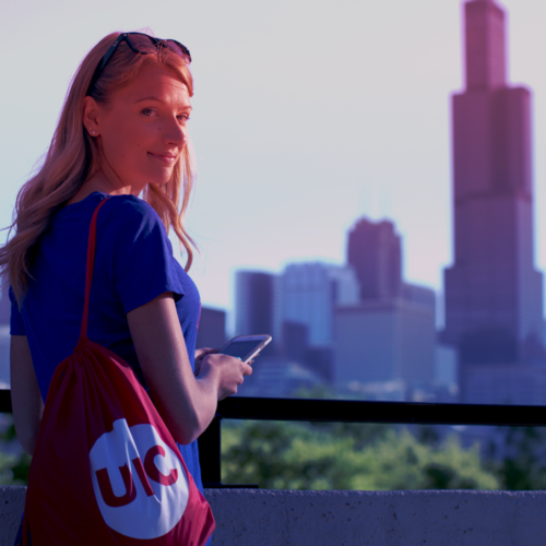 female student infront of skyline